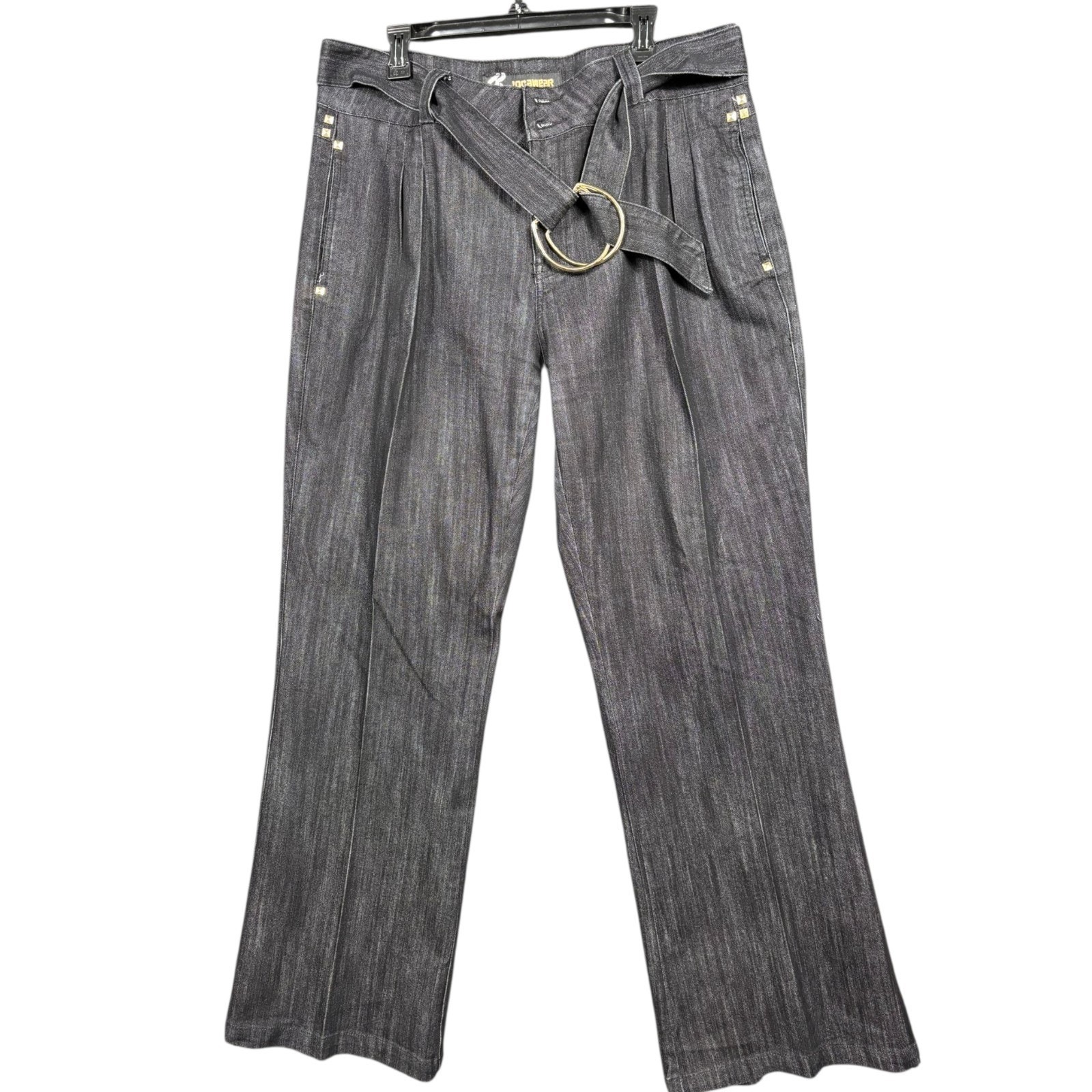 Vtg Rocawear Wide Leg Jeans Womens Size 18 Black Denim Logo High Rise Belted